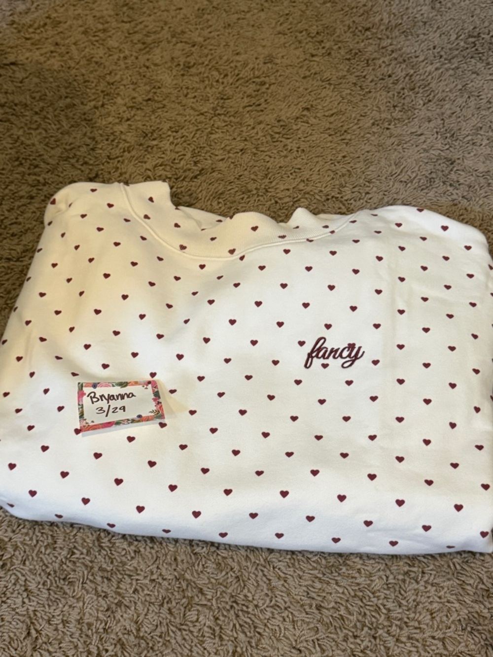 Women's White Pajama Top with Red Heart Print and 'fancy' Embroidery